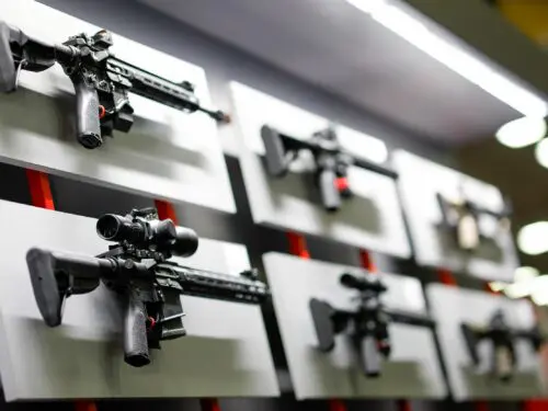 SAINT AR-15 rifles made by the Springfield Armory on display during the National Rifle Association Annual Meeting at the Kay Bailey Hutchison Convention Center, Sunday, May 19, 2024, in Dallas.
