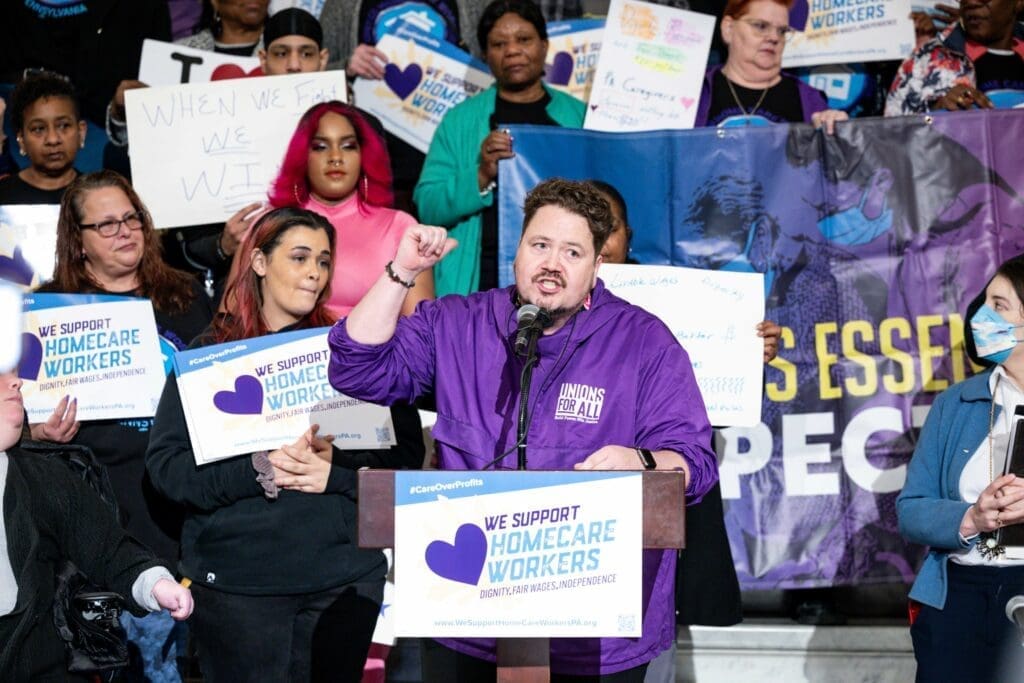SEIU Healthcare PA President Matthew Yarnell speaks at a March 20, 2024 press conference at the state Capitol. During the press conference, state Rep. Jessica Benham announced she will introduce legislation to boost state funding for home care workers.