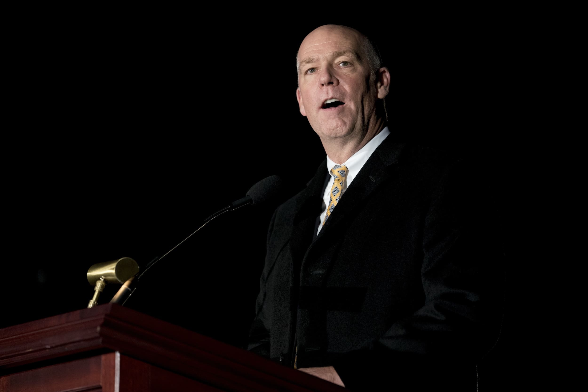 Greg Gianforte speaks during the 2017 Capitol Christmas Tree lighting ceremony on the West Lawn of the U.S. Capitol in Washington. (AP Photo/Andrew Harnik, File)